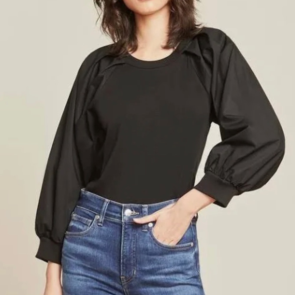 VERONICA BEARD JEANS Gibson MIXED MEDIA BLACK BALLOON SLEEVE RIBBED TOP SIZE S